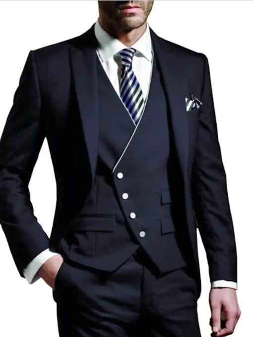 Dark Blue & White Men's Suits 3 Piece Single Breasted