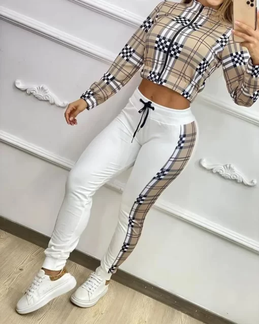 Plaid Drawstring Long Sleeve Joggers Sets - Image 2