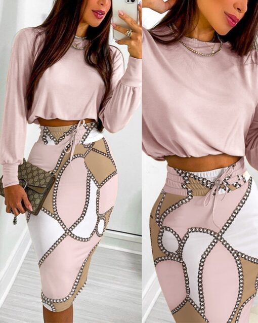 Long Sleeve Top & Chain Print Colorblock Drawstring Shirred Skirt Set