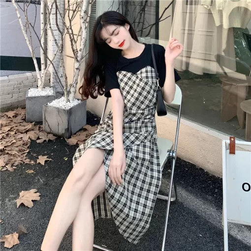 Large French Plaid Two-piece Dress Female Summer Irregular Design High-grade A-word Skirt