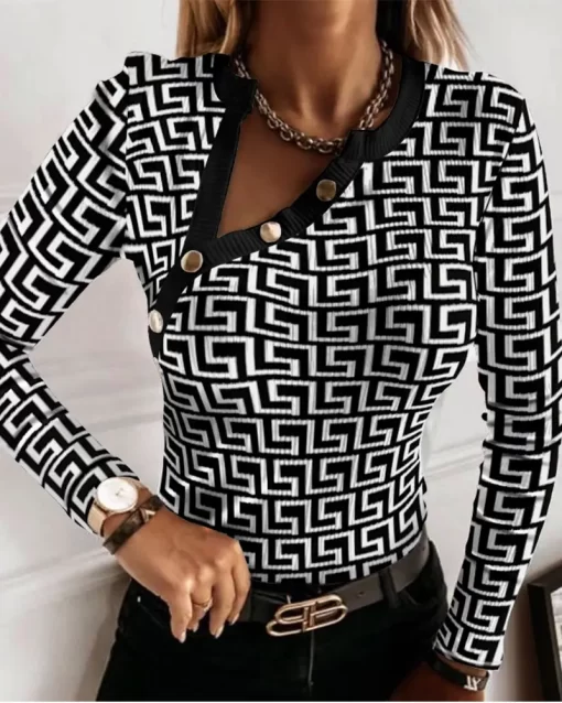 Geo Print Long Sleeve Button Decor Ribbed Top - Image 2