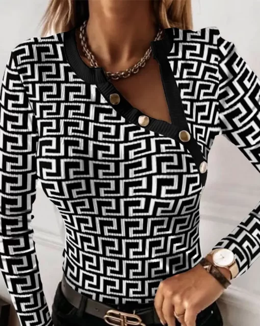 Geo Print Long Sleeve Button Decor Ribbed Top