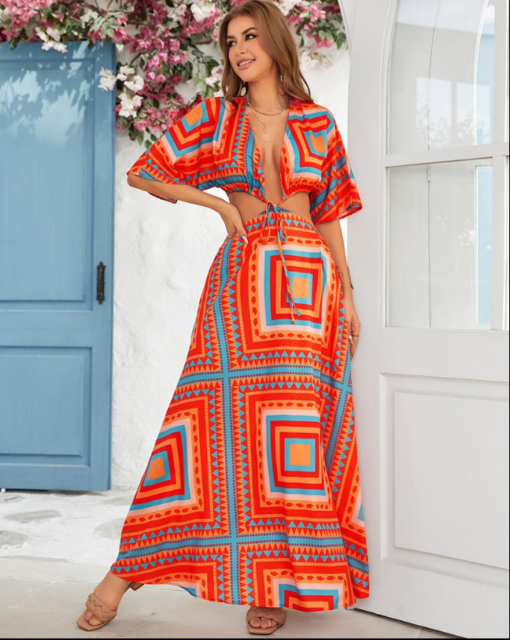 Geometric Print Plunge Batwing Sleeve Maxi Dress - Image 5