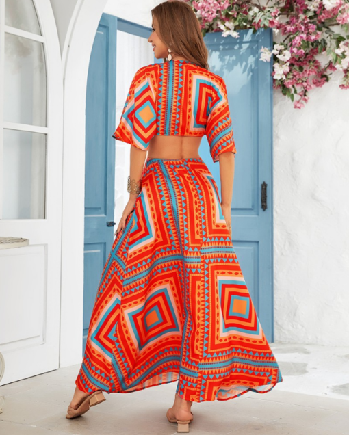 Geometric Print Plunge Batwing Sleeve Maxi Dress - Image 4