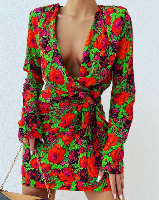 Floral Print Plunge Knotted Dress