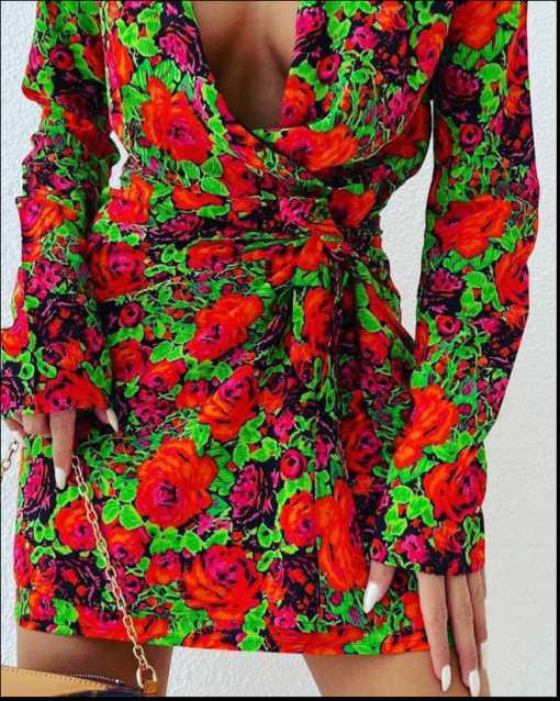 Floral Print Plunge Knotted Dress - Image 2