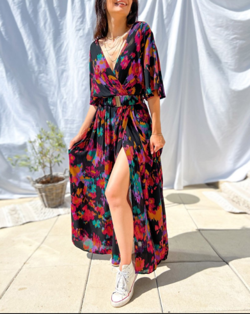 Abstract floral print slit maxi dress