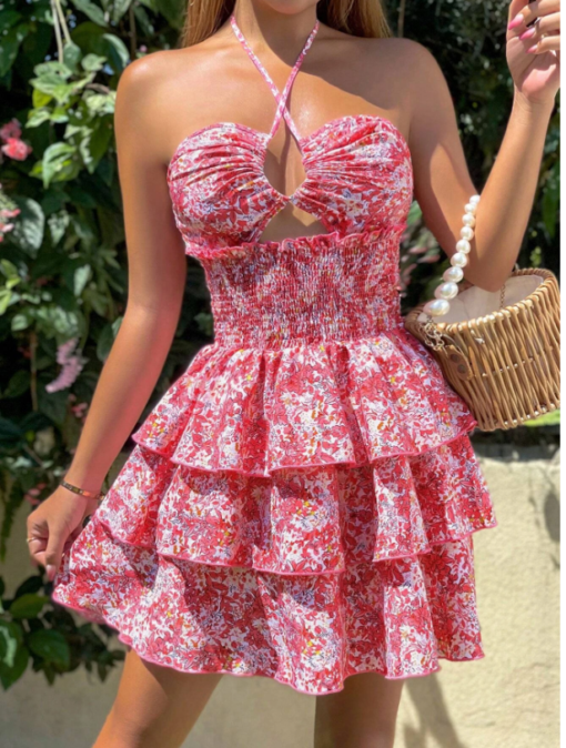 Floral Print Shirred Waist Cut Out Dress - Image 5