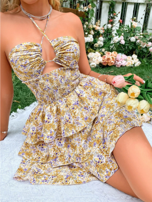 Floral Print Shirred Waist Cut Out Dress - Image 2