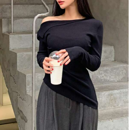 Solid Asymmetrical Neck Ruched Side Sweater